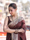 Banarasee Handloom Semi Silk Saree With Buti Design Gold Zari Border & Lace-Brown