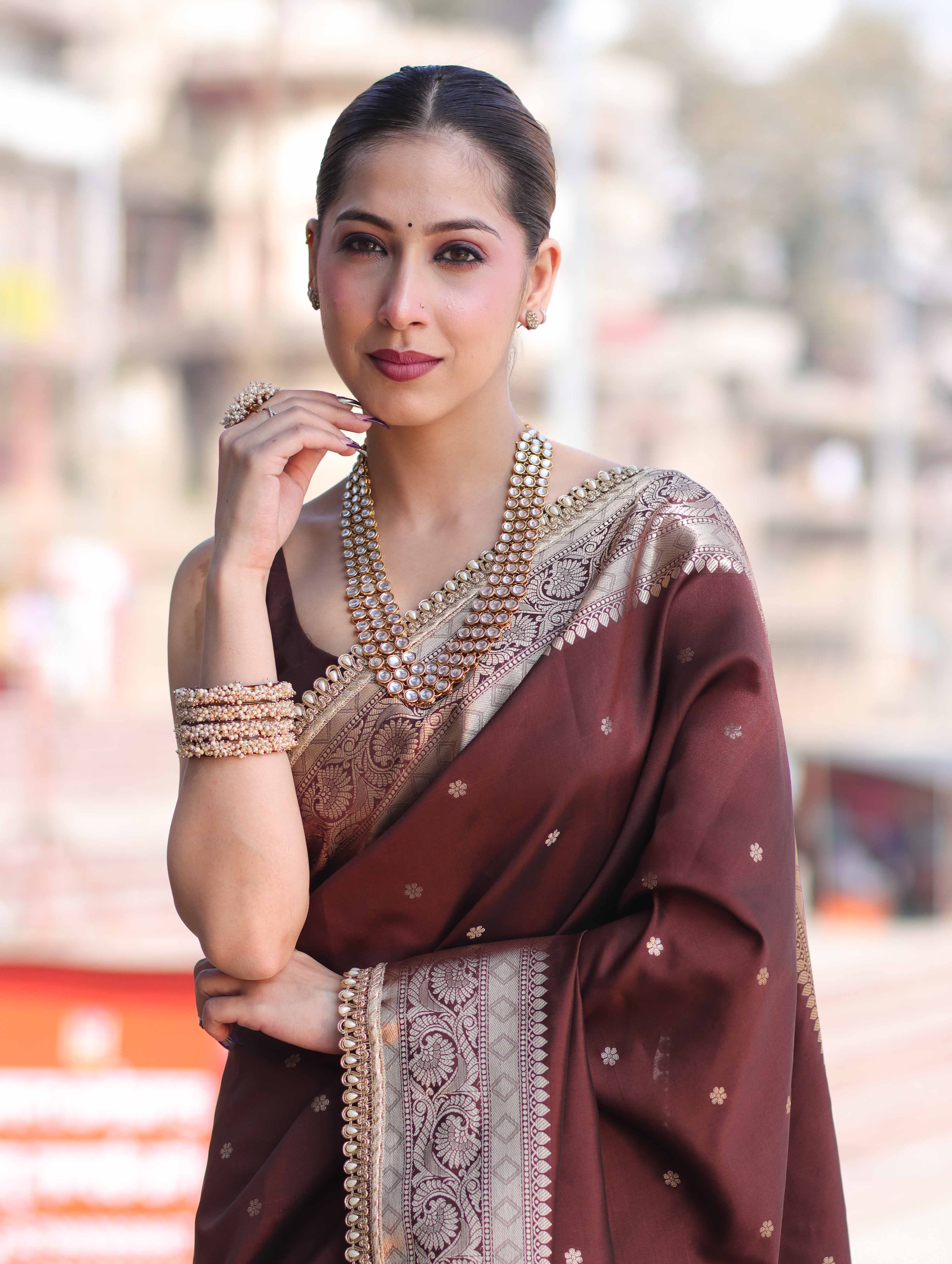 Banarasee Handloom Semi Silk Saree With Buti Design Gold Zari Border & Lace-Brown