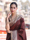 Banarasee Handloom Semi Silk Saree With Buti Design Gold Zari Border & Lace-Brown