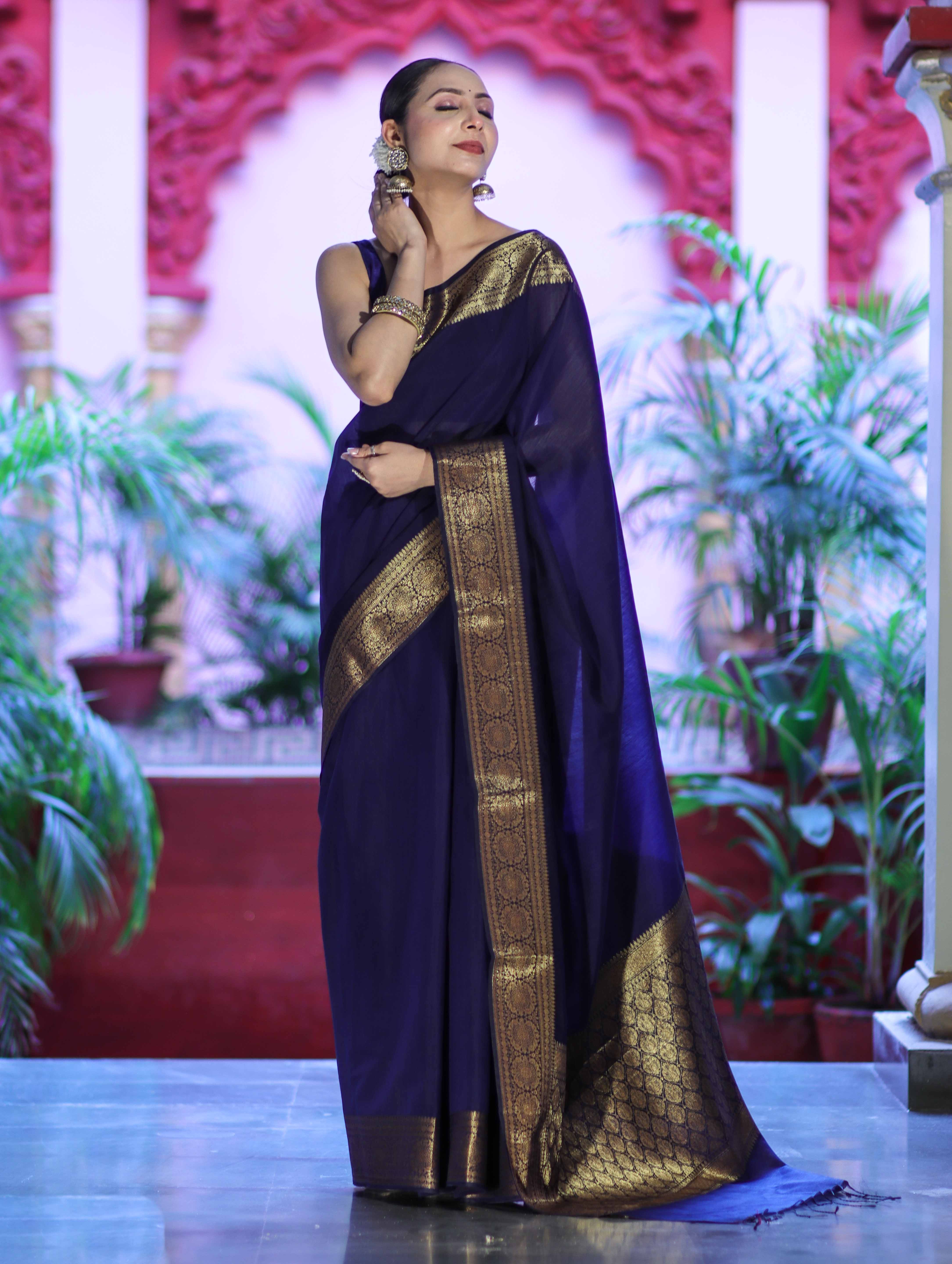 Banarasee Handloom Cotton Silk Plain Saree With Antique Zari Border-Navy Blue