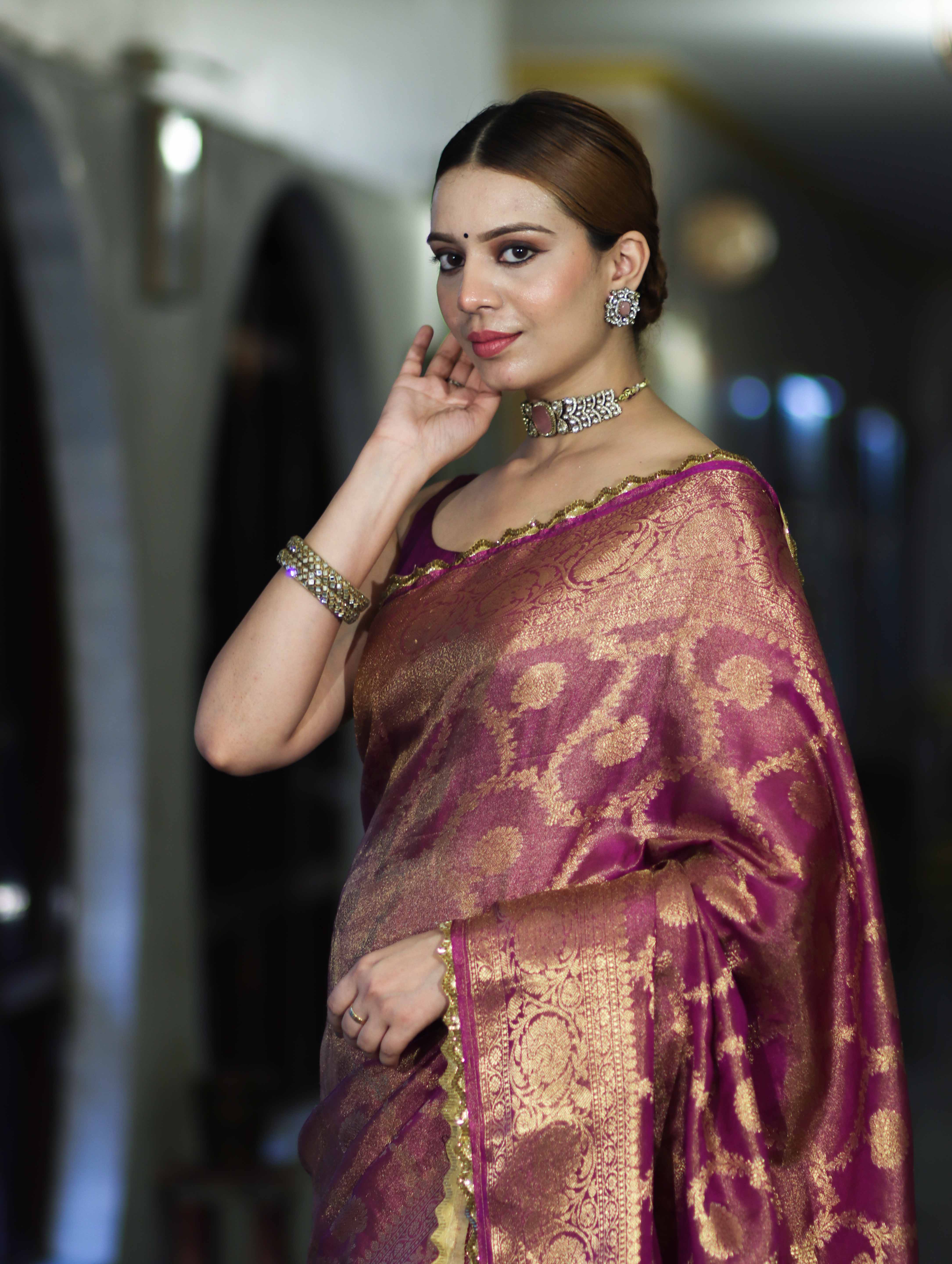 Banarasee Handloom Shimmer Silk Saree With Zari Jaal Design Floral Border & Lace-Violet