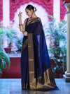 Banarasee Handloom Cotton Silk Plain Saree With Antique Zari Border-Navy Blue