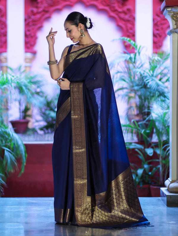 Banarasee Handloom Cotton Silk Plain Saree With Antique Zari Border-Navy Blue