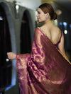 Banarasee Handloom Shimmer Silk Saree With Zari Jaal Design Floral Border & Lace-Violet