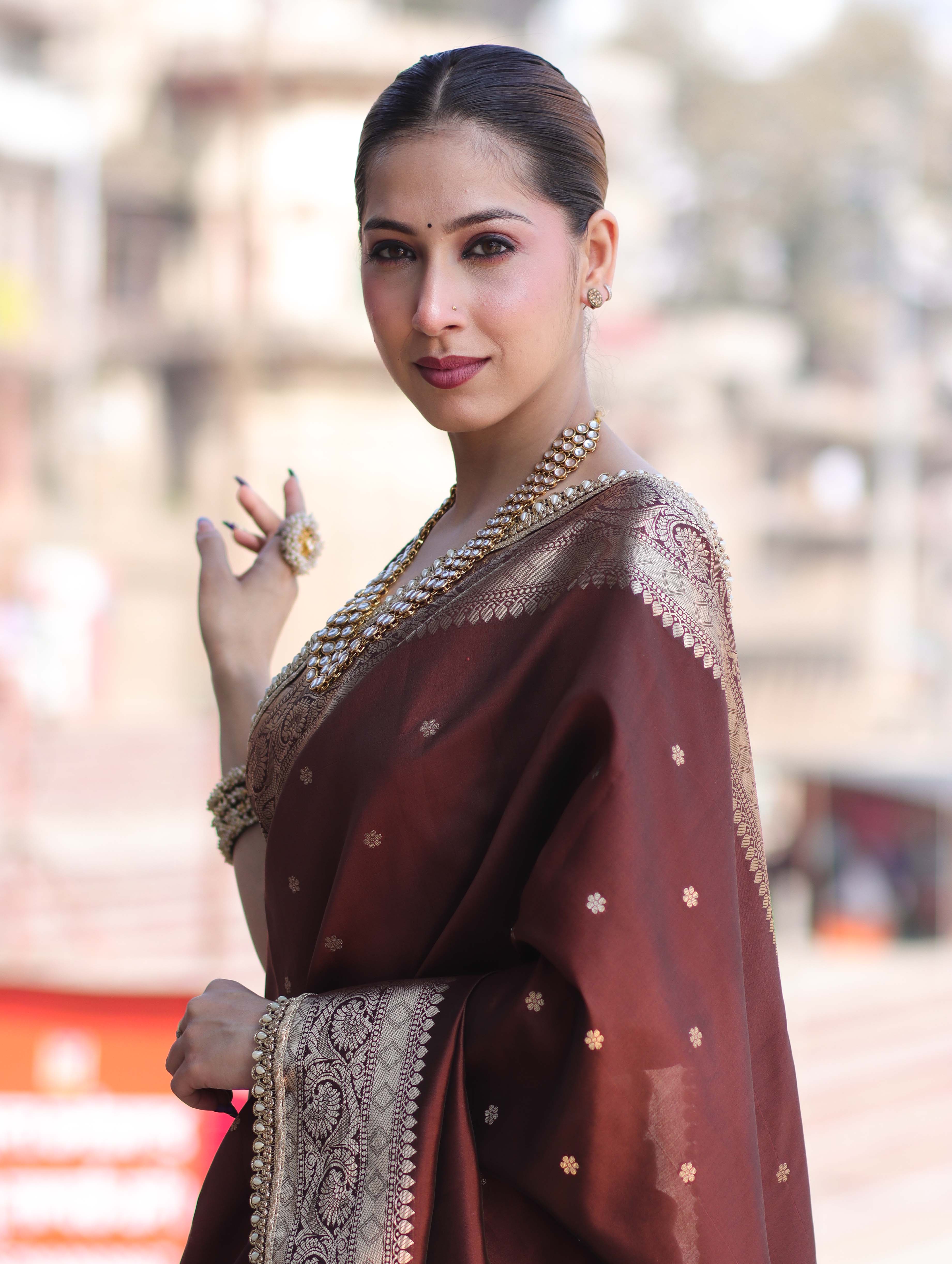 Banarasee Handloom Semi Silk Saree With Buti Design Gold Zari Border & Lace-Brown