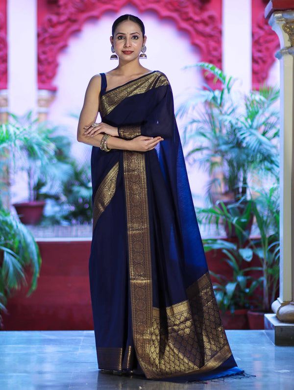 Banarasee Handloom Cotton Silk Plain Saree With Antique Zari Border-Navy Blue