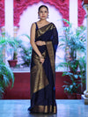 Banarasee Handloom Cotton Silk Plain Saree With Antique Zari Border-Navy Blue