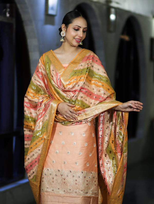 Banarasee Zari & Resham Embroidered Chanderi Salwar Kameez With Multicolor Dupatta Set-Peach