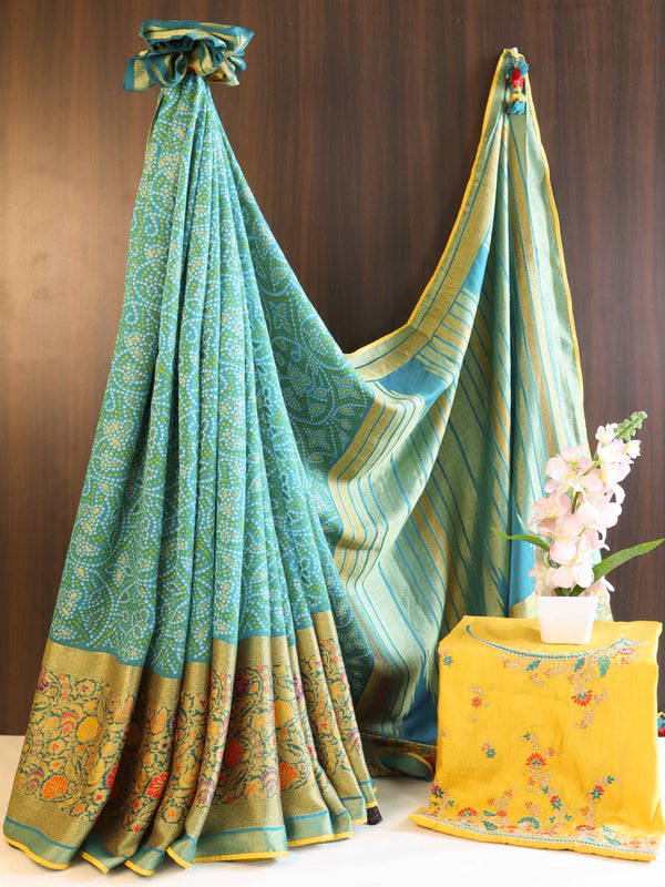 Banarasee Brasso Silk Patola Saree With Meena Border Design & Contrast Embroidered Blouse-Green