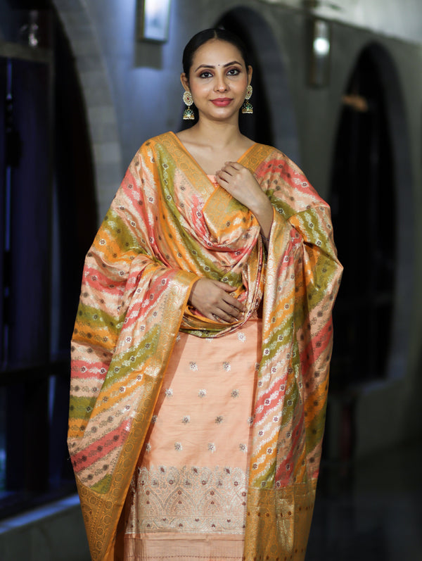 Banarasee Zari & Resham Embroidered Chanderi Salwar Kameez With Multicolor Dupatta Set-Peach