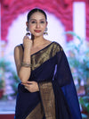Banarasee Handloom Cotton Silk Plain Saree With Antique Zari Border-Navy Blue