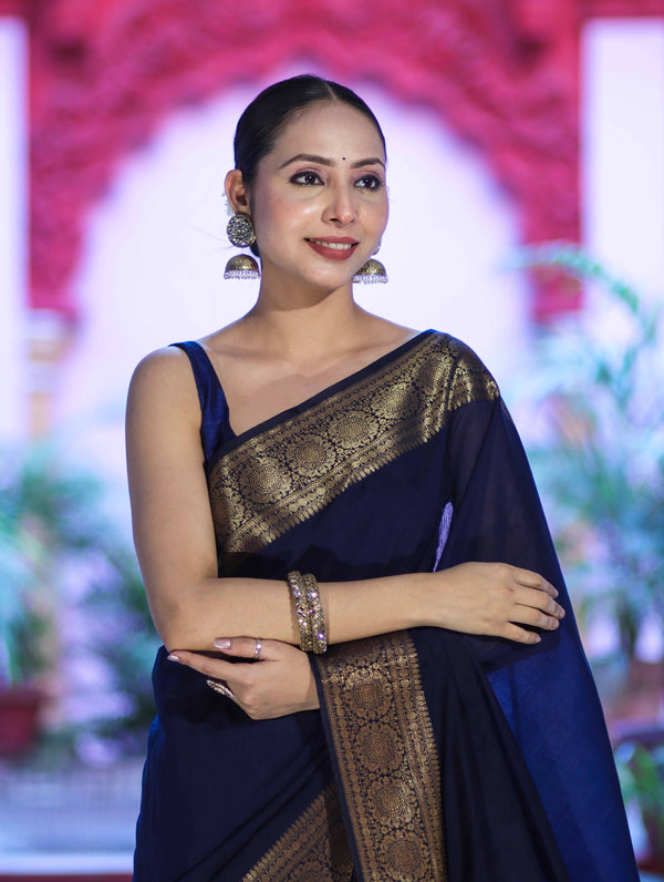 Banarasee Handloom Cotton Silk Plain Saree With Antique Zari Border-Navy Blue