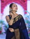 Banarasee Handloom Cotton Silk Plain Saree With Antique Zari Border-Navy Blue