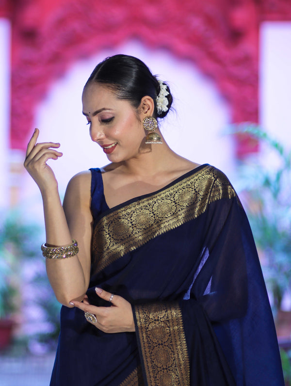 Banarasee Handloom Cotton Silk Plain Saree With Antique Zari Border-Navy Blue