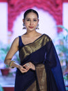 Banarasee Handloom Cotton Silk Plain Saree With Antique Zari Border-Navy Blue