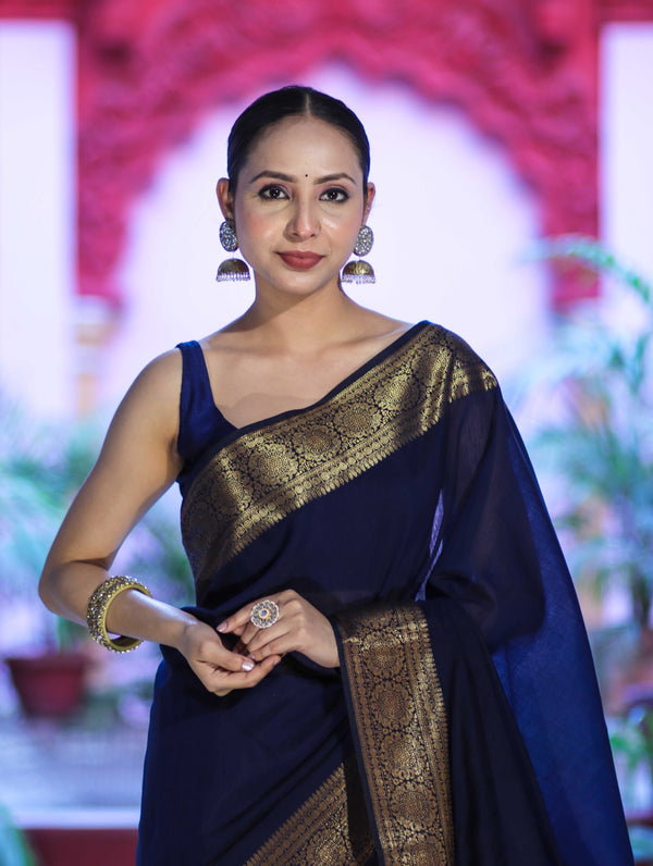 Banarasee Handloom Cotton Silk Plain Saree With Antique Zari Border-Navy Blue