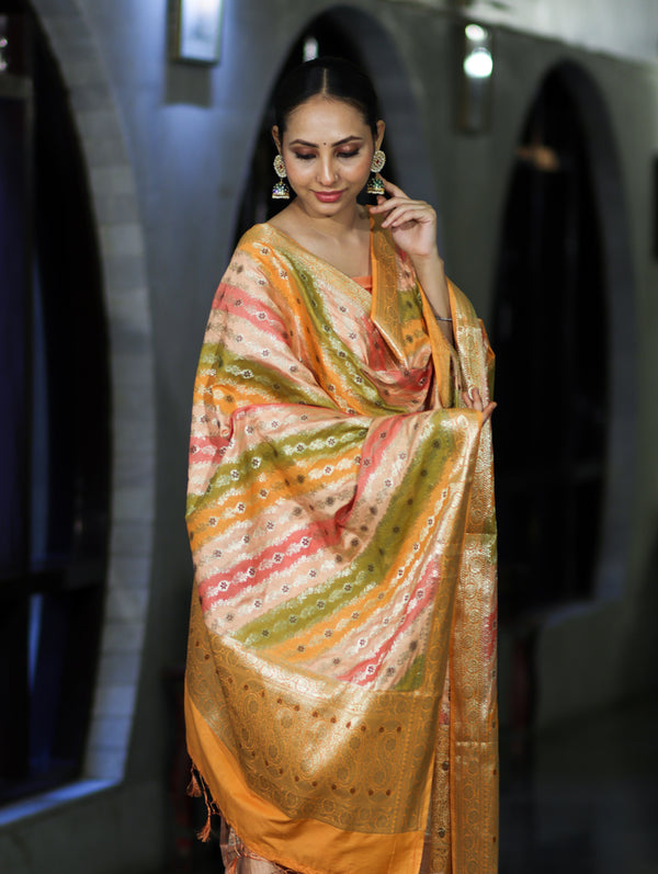 Banarasee Zari & Resham Embroidered Chanderi Salwar Kameez With Multicolor Dupatta Set-Peach