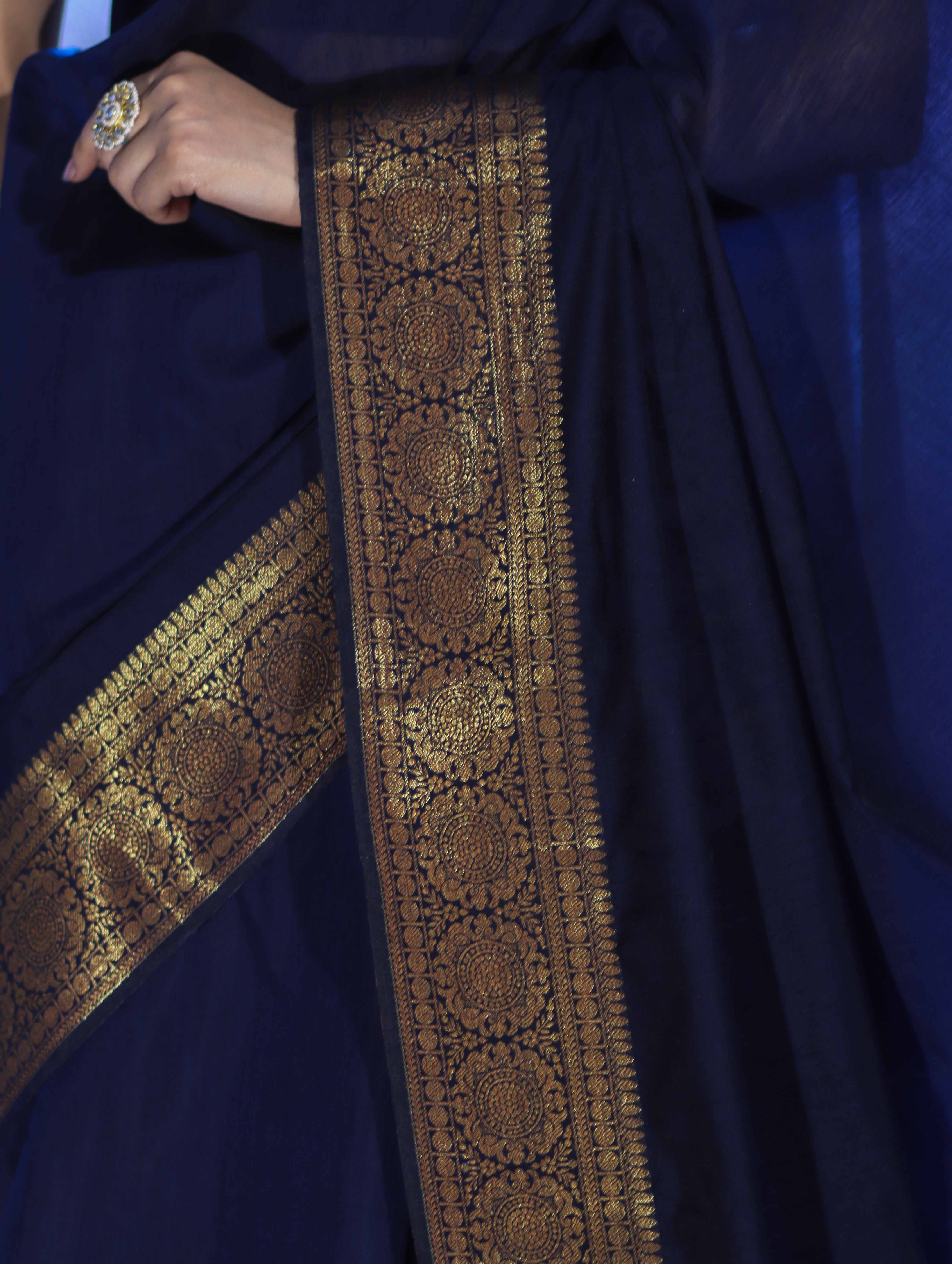 Banarasee Handloom Cotton Silk Plain Saree With Antique Zari Border-Navy Blue