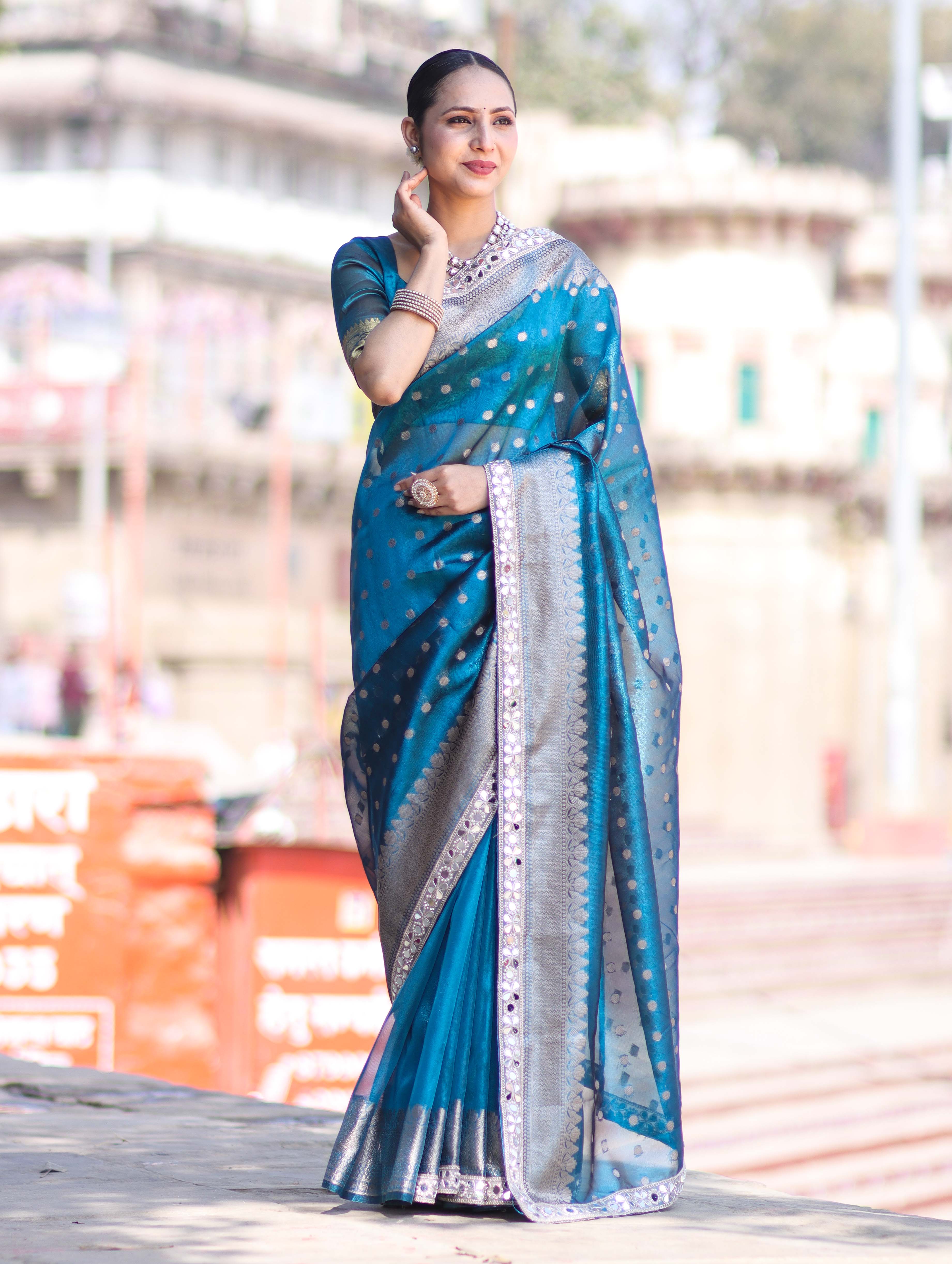Banarasee Handloom Tissue Saree With Buti Design Zari Border & Lace-Teal Blue