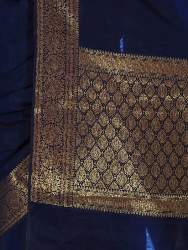 Banarasee Handloom Cotton Silk Plain Saree With Antique Zari Border-Navy Blue