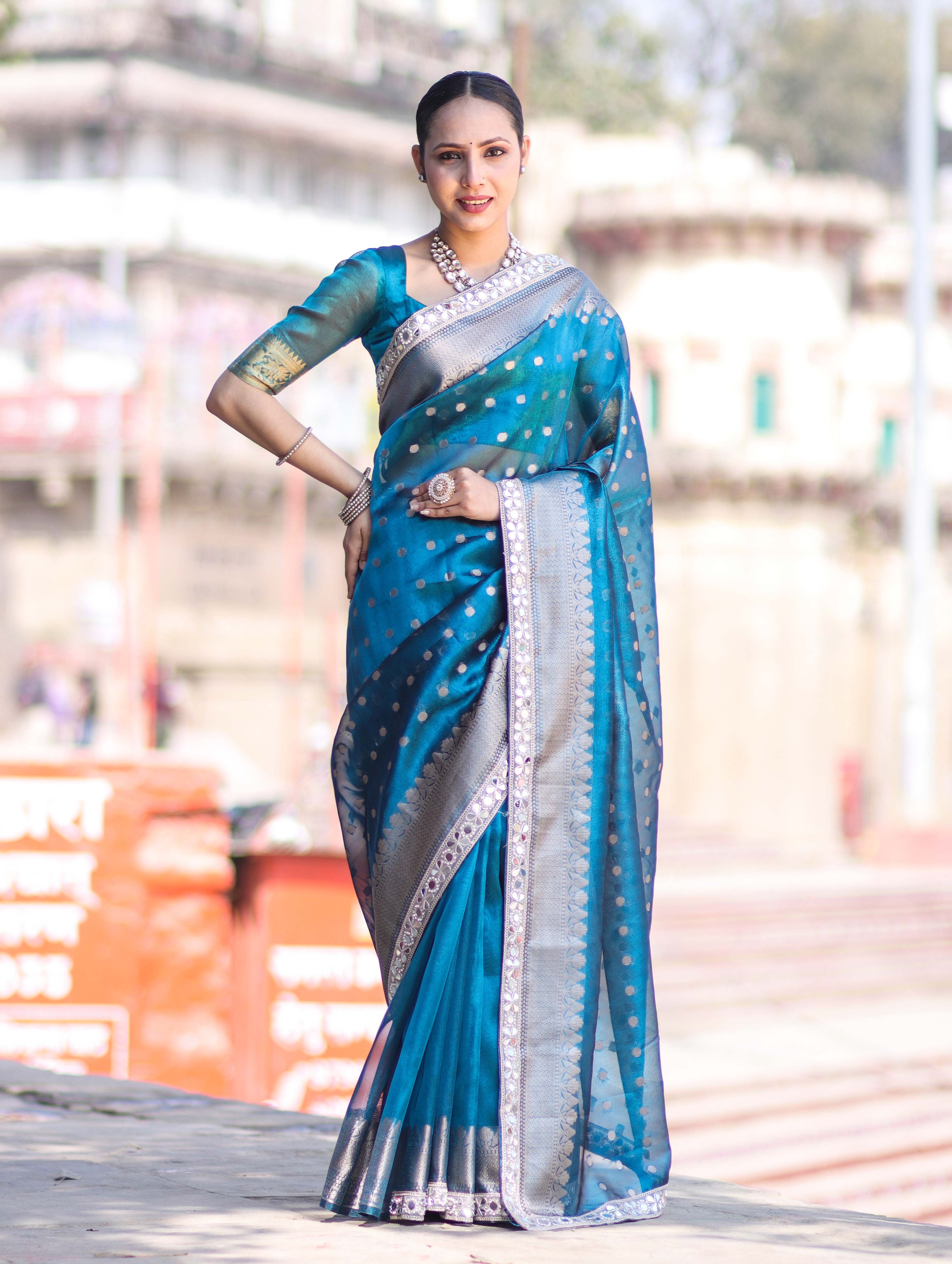Banarasee Handloom Tissue Saree With Buti Design Zari Border & Lace-Teal Blue