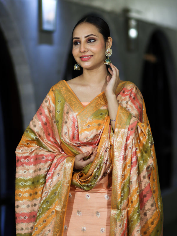 Banarasee Zari & Resham Embroidered Chanderi Salwar Kameez With Multicolor Dupatta Set-Peach