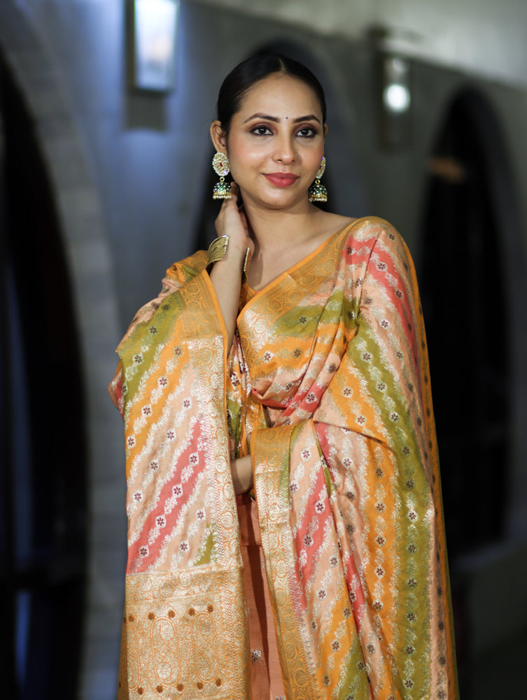 Banarasee Zari & Resham Embroidered Chanderi Salwar Kameez With Multicolor Dupatta Set-Peach