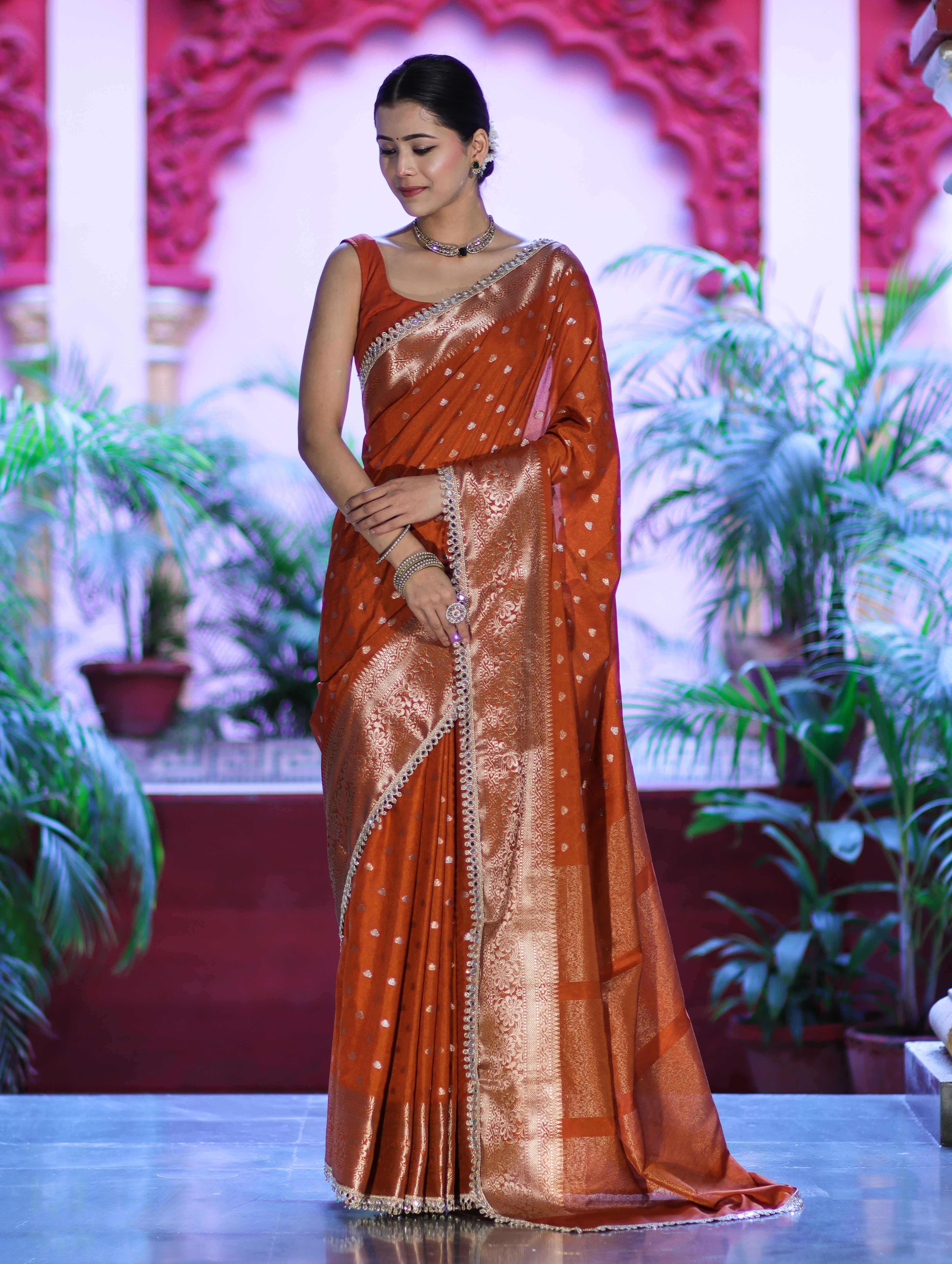 Banarasee Handloom Semi Silk Saree With Zari Buti Design & Lace Border-Rust