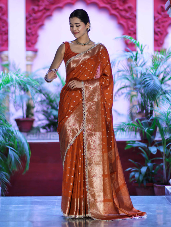 Banarasee Handloom Semi Silk Saree With Zari Buti Design & Lace Border-Rust