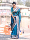Banarasee Handloom Tissue Saree With Buti Design Zari Border & Lace-Teal Blue