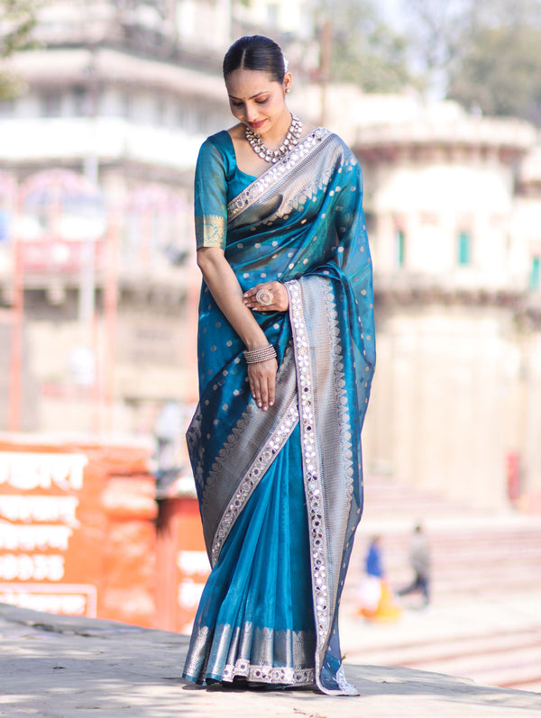 Banarasee Handloom Tissue Saree With Buti Design Zari Border & Lace-Teal Blue