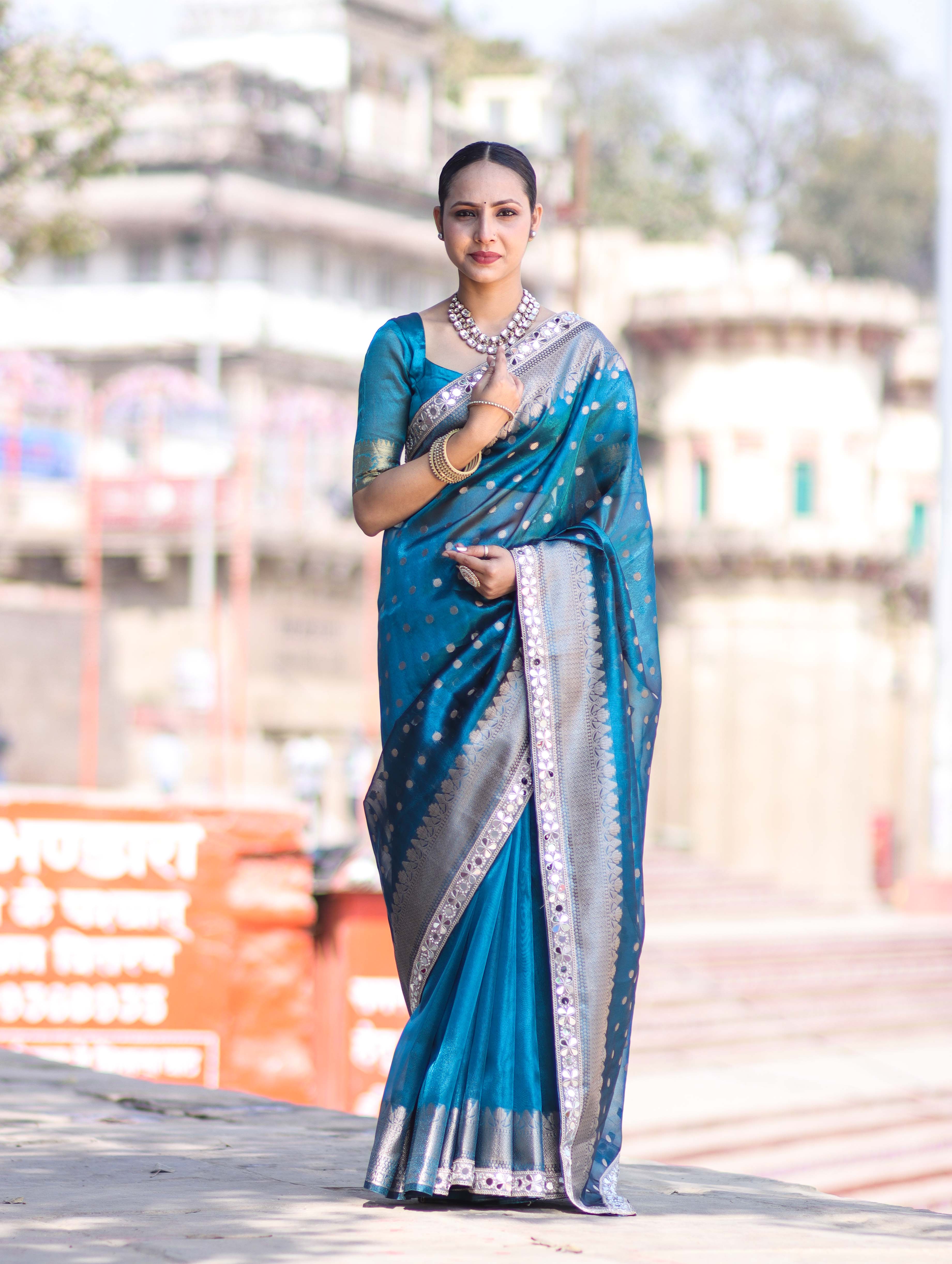 Banarasee Handloom Tissue Saree With Buti Design Zari Border & Lace-Teal Blue