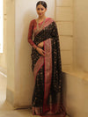 Banarasee Handwoven Semi-Katan Tanchoi Weaving Floral Border Saree-Black & Pink