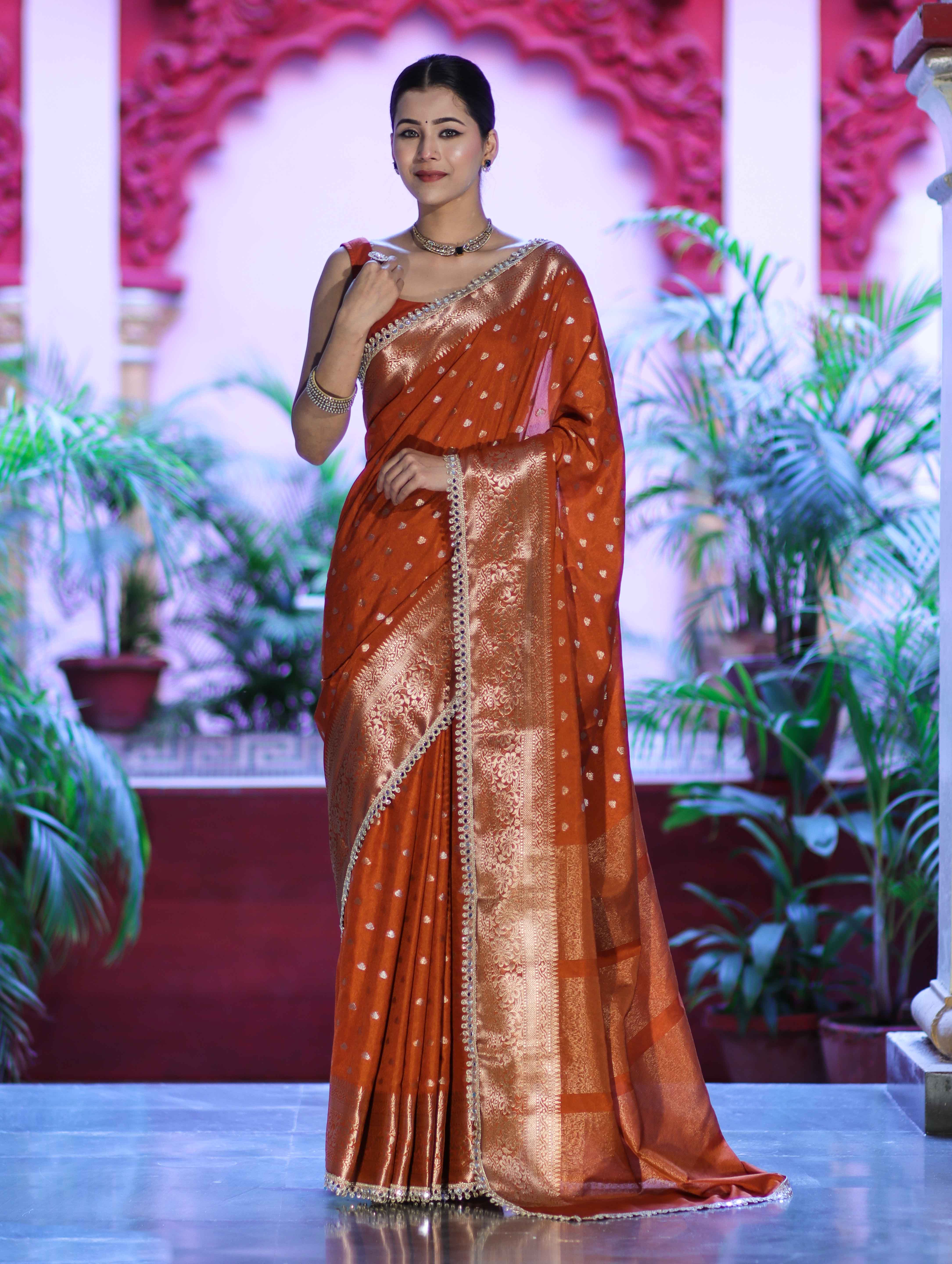 Banarasee Handloom Semi Silk Saree With Zari Buti Design & Lace Border-Rust