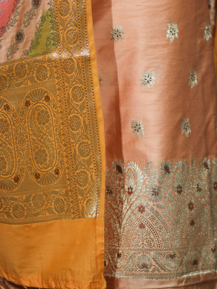 Banarasee Zari & Resham Embroidered Chanderi Salwar Kameez With Multicolor Dupatta Set-Peach