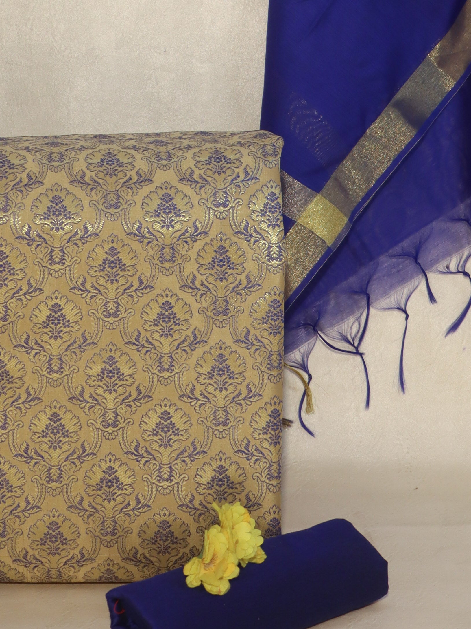 Banarasee Art Silk Salwar Kameez Fabric With Cotton Silk Dupatta Set-Golden & Blue