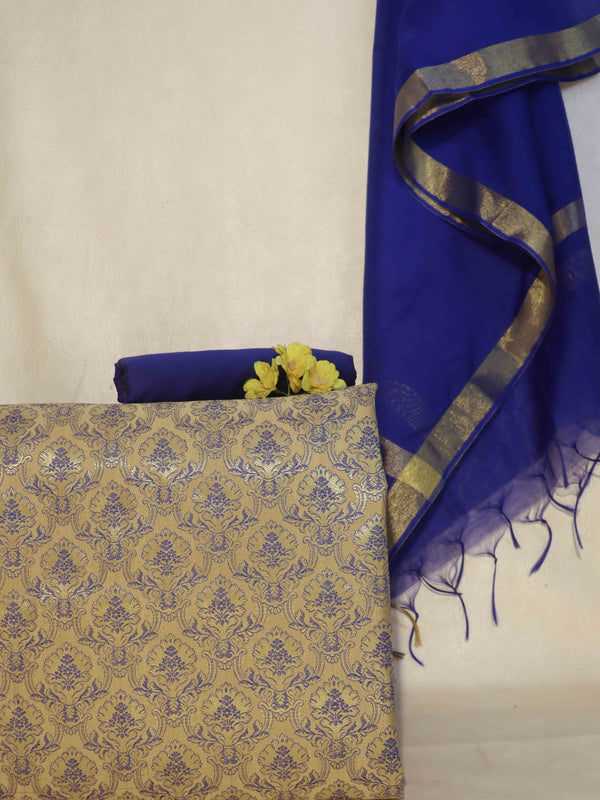 Banarasee Art Silk Salwar Kameez Fabric With Cotton Silk Dupatta Set-Golden & Blue