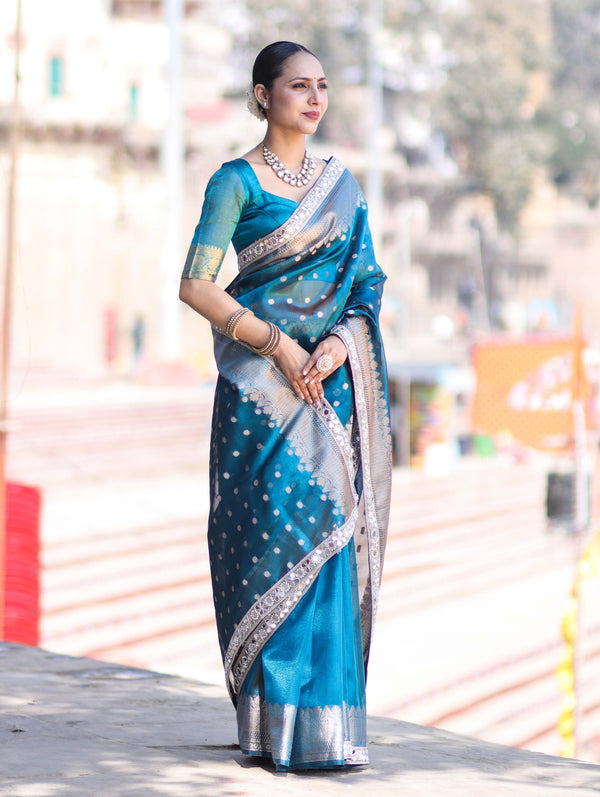 Banarasee Handloom Tissue Saree With Buti Design Zari Border & Lace-Teal Blue