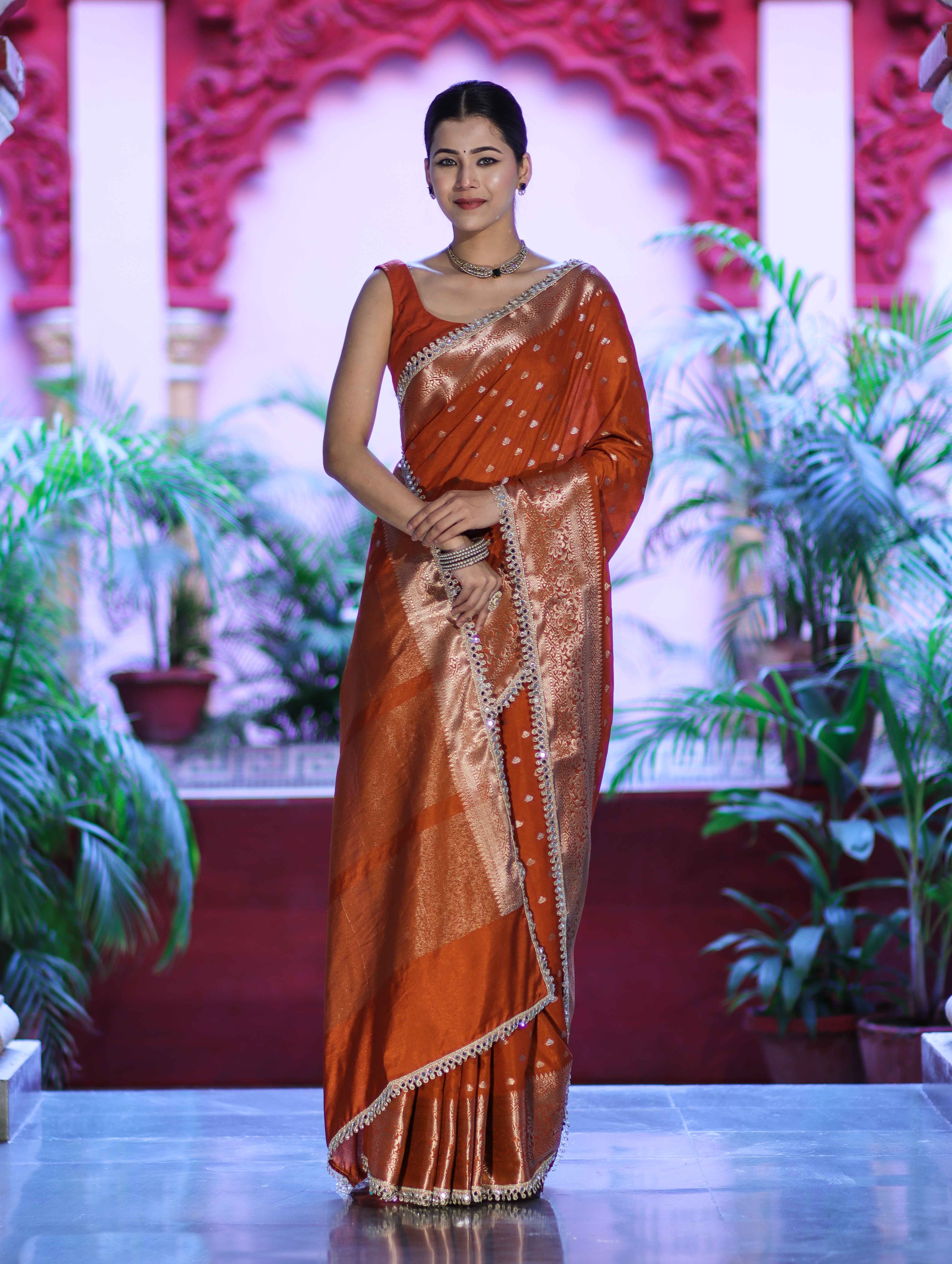 Banarasee Handloom Semi Silk Saree With Zari Buti Design & Lace Border-Rust