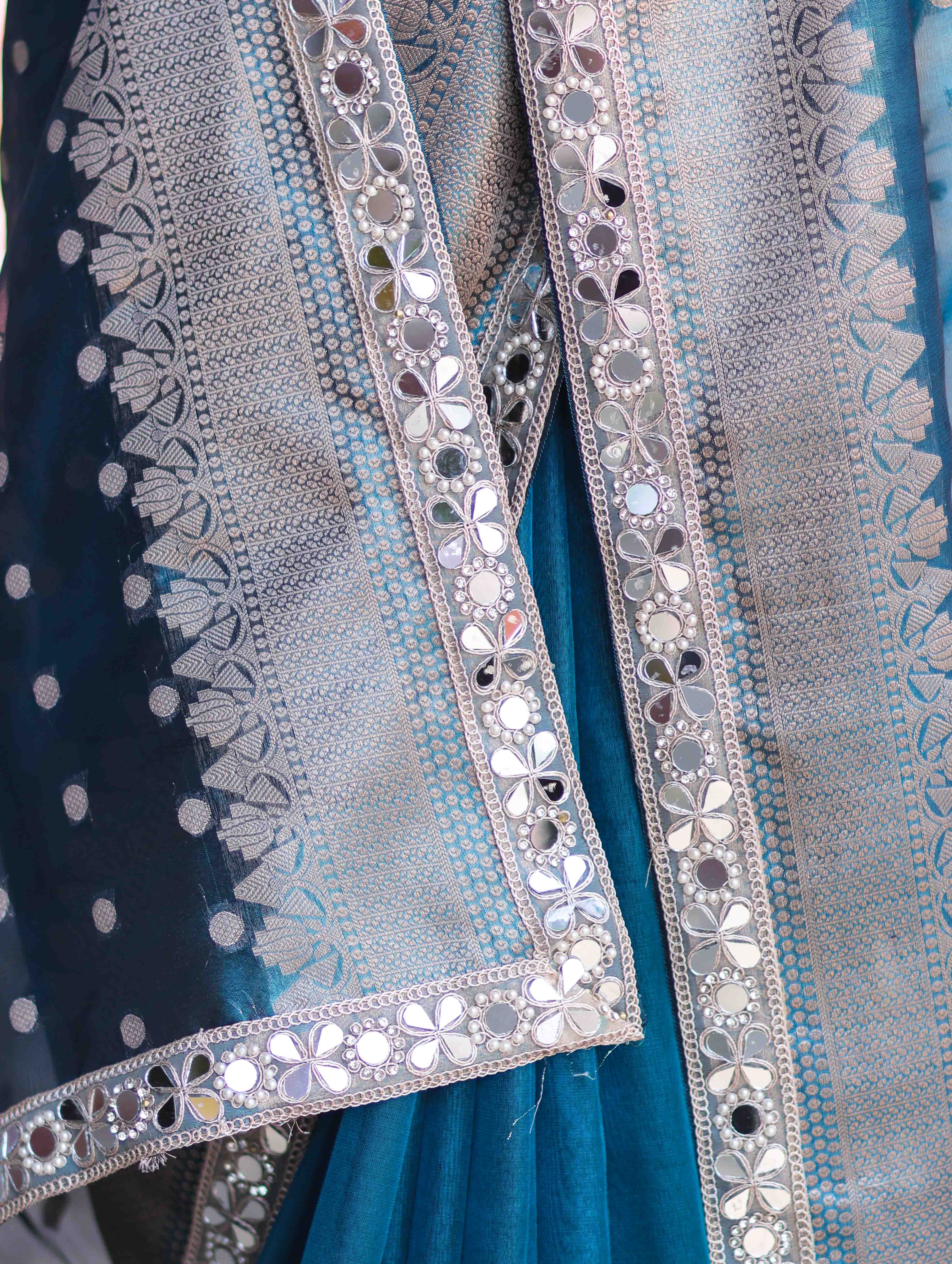 Banarasee Handloom Tissue Saree With Buti Design Zari Border & Lace-Teal Blue