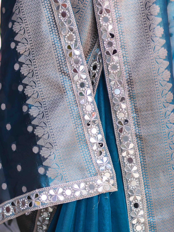 Banarasee Handloom Tissue Saree With Buti Design Zari Border & Lace-Teal Blue