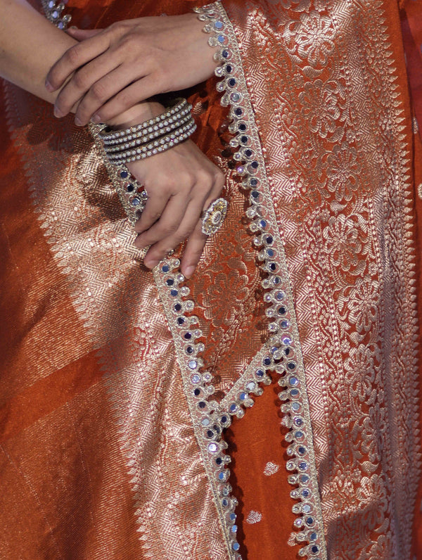Banarasee Handloom Semi Silk Saree With Zari Buti Design & Lace Border-Rust