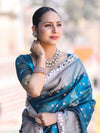 Banarasee Handloom Tissue Saree With Buti Design Zari Border & Lace-Teal Blue