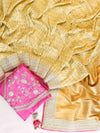 Banarasee Handwoven Semi-Katan Saree With Zari & Contrast Embroidered Blouse Saree-Light Yellow
