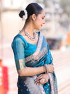 Banarasee Handloom Tissue Saree With Buti Design Zari Border & Lace-Teal Blue