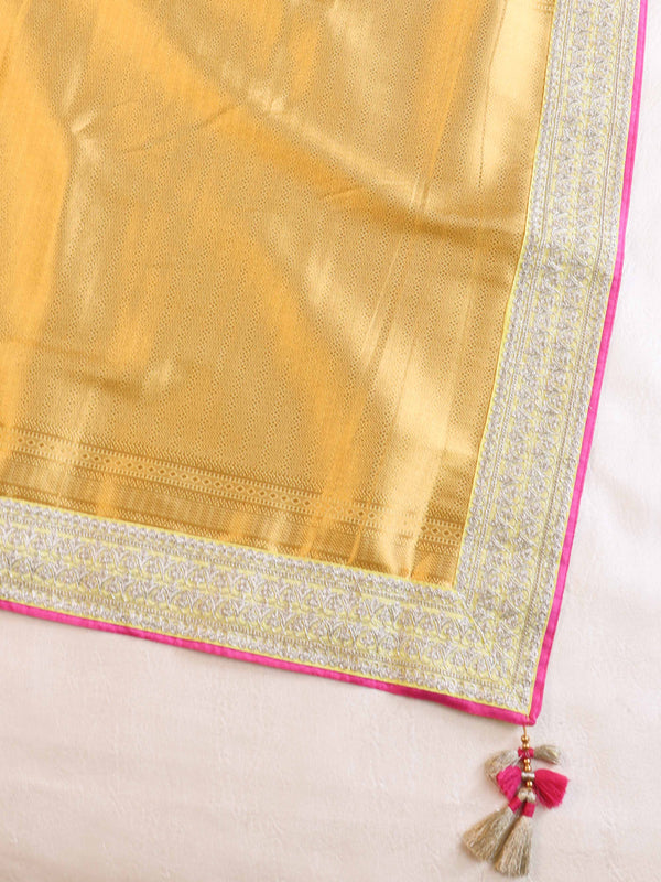 Banarasee Handwoven Semi-Katan Saree With Zari & Contrast Embroidered Blouse Saree-Light Yellow