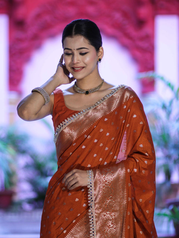 Banarasee Handloom Semi Silk Saree With Zari Buti Design & Lace Border-Rust
