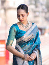 Banarasee Handloom Tissue Saree With Buti Design Zari Border & Lace-Teal Blue
