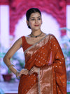 Banarasee Handloom Semi Silk Saree With Zari Buti Design & Lace Border-Rust