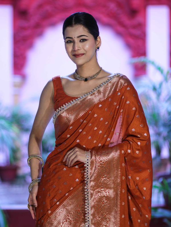 Banarasee Handloom Semi Silk Saree With Zari Buti Design & Lace Border-Rust